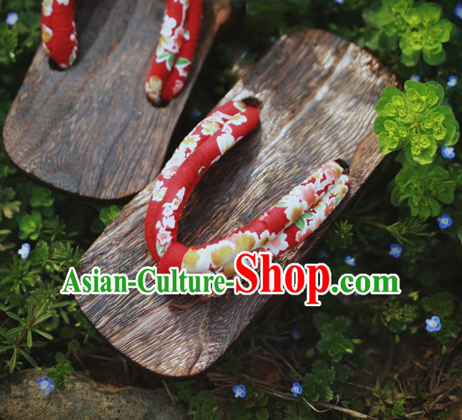Traditional Japanese Classical Sakura Pattern Red Bidentate Clogs Flip Flops Slippers Asian Japan Geta Shoes for Women