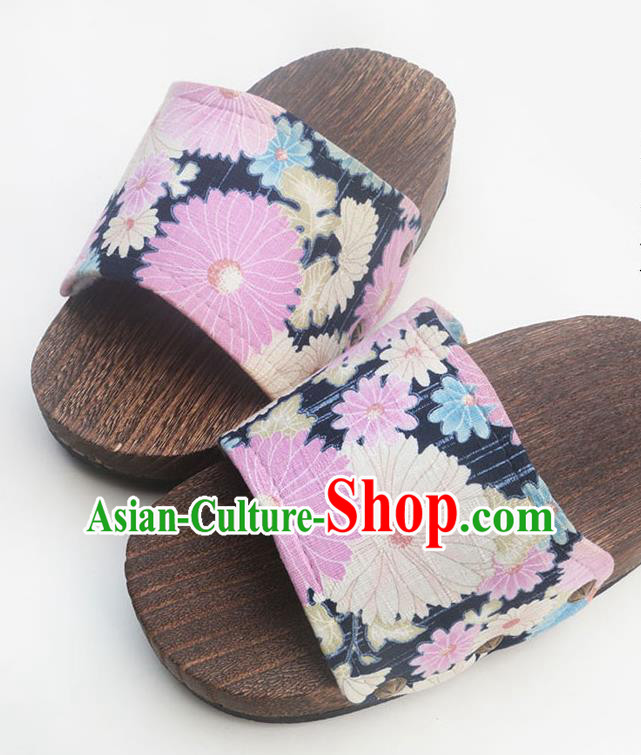 Traditional Japanese Classical Daisy Pattern Navy Clogs Wood Slippers Asian Japan Geta Shoes for Women