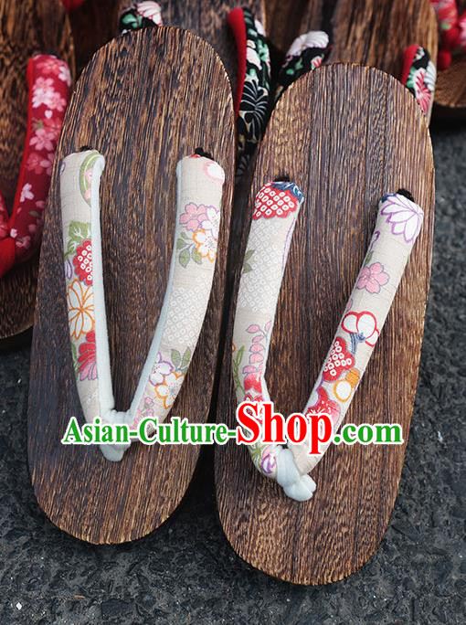 Traditional Japanese Classical Sakura Pattern Beige Flip Flops Slippers Geta Asian Japan Clogs Shoes for Women