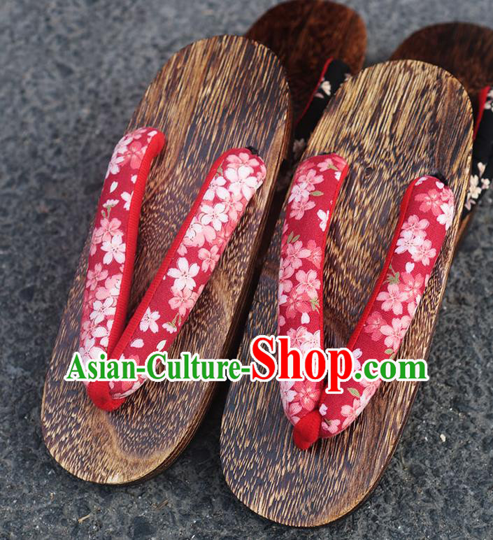 Traditional Japanese Classical Sakura Pattern Purplish Red Flip Flops Slippers Geta Asian Japan Clogs Shoes for Women