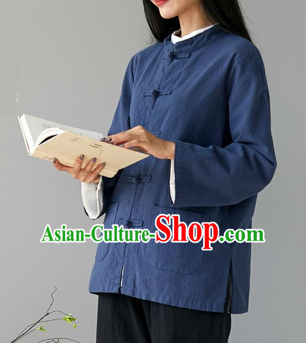 Traditional Chinese Tang Suit Navy Flax Jacket Li Ziqi Short Overcoat Costume for Women