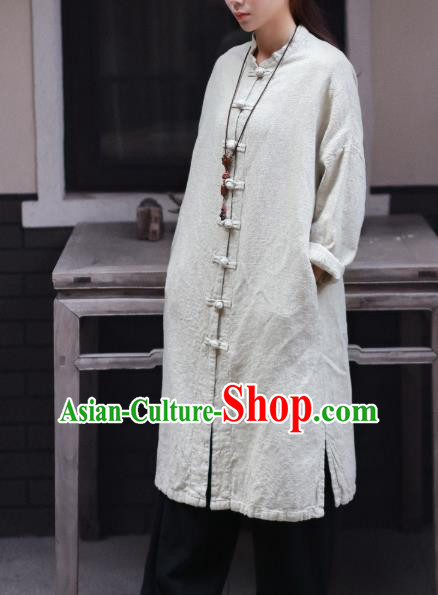 Traditional Chinese Tang Suit White Flax Dust Coat Li Ziqi Overcoat Costume for Women