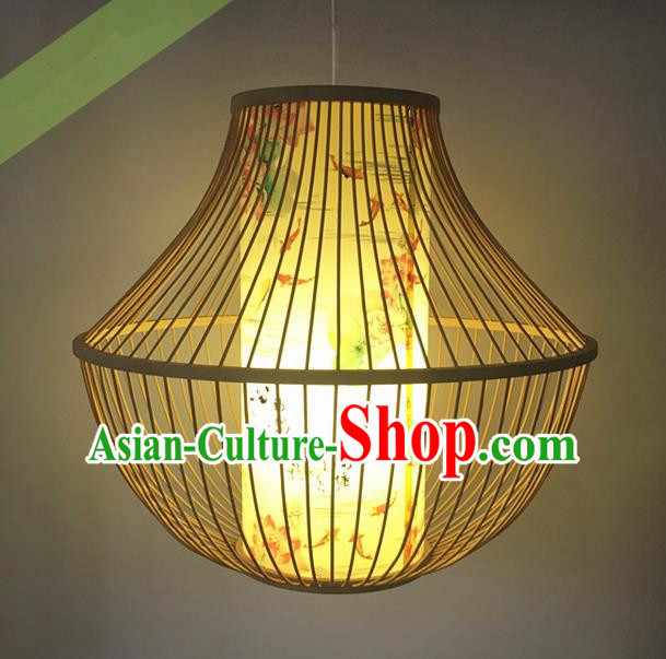 Traditional Chinese Handmade Printing Lotus Yellow Hanging Lanterns Palace Lantern Bamboo Art Scaldfish Lamp