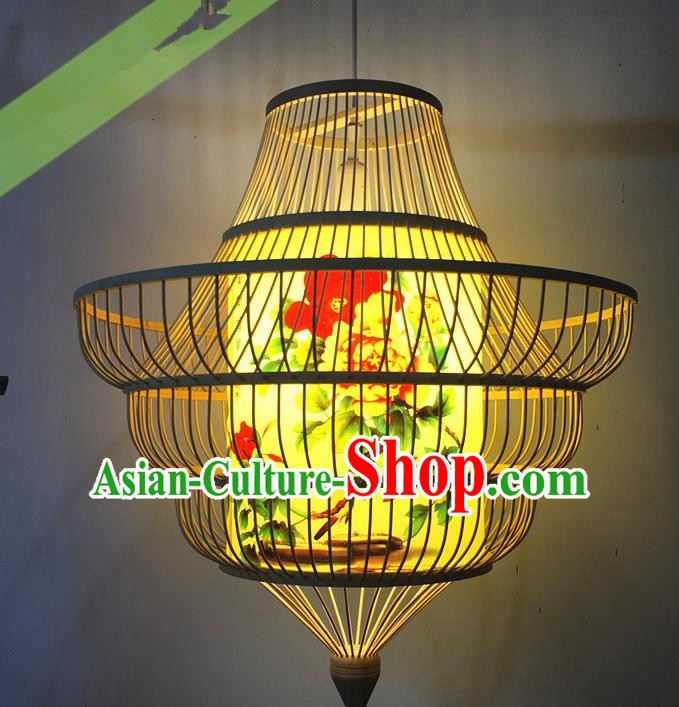 Traditional Chinese Hand Painting Peony Hanging Lanterns Palace Lantern Bamboo Art Scaldfish Lamp