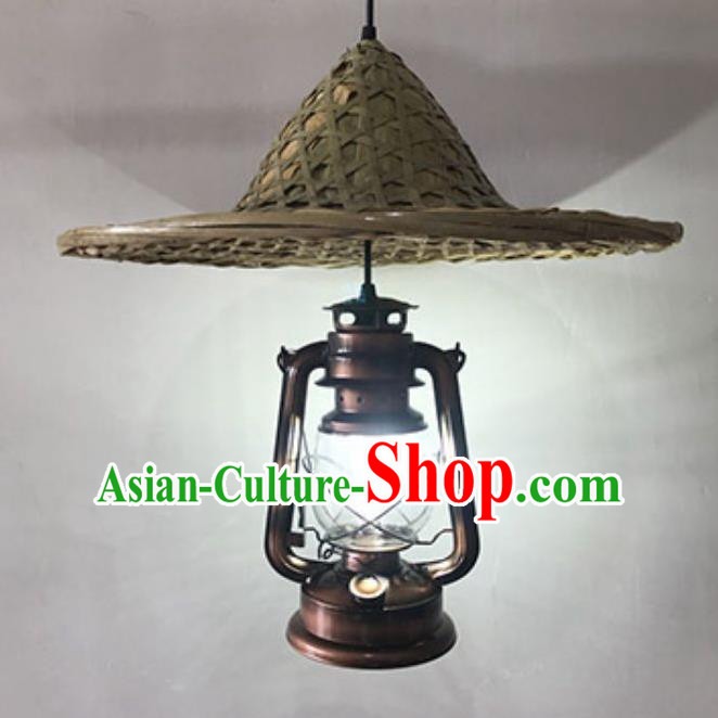 Handmade Chinese Straw Hat Hanging Lanterns Traditional Bamboo Art Kerosene Lamp