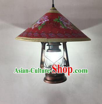 Handmade Chinese Printing Peony Red Straw Hat Lampshade Traditional Bamboo Art Lanterns Chimney