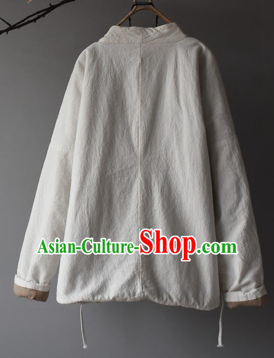 Traditional Chinese Tang Suit White Cotton Padded Jacket Blogger Li Ziqi Flax Overcoat Costume for Women