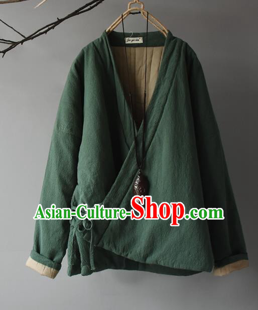 Traditional Chinese Tang Suit Green Cotton Padded Jacket Blogger Li Ziqi Flax Overcoat Costume for Women