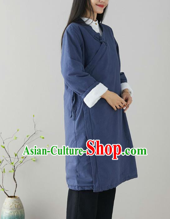 Traditional Chinese Tang Suit Navy Qipao Dress Blogger Li Ziqi Flax Overcoat Costume for Women