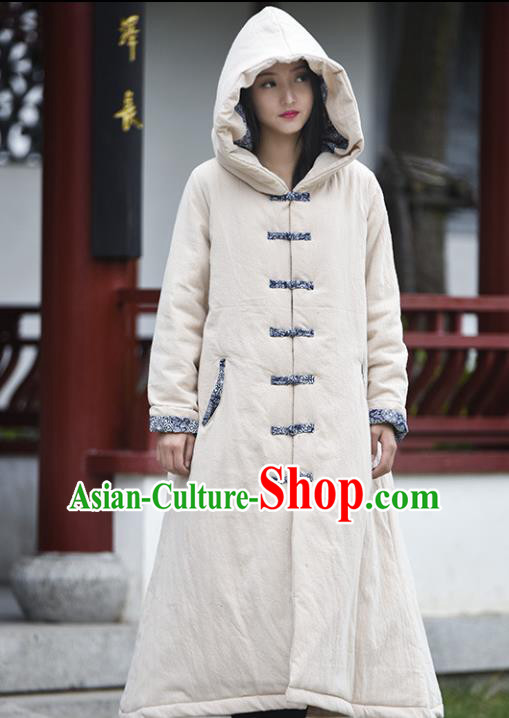 Traditional Chinese Tang Suit Beige Cotton Padded Coat Blogger Li Ziqi Hooded Overcoat Costume for Women