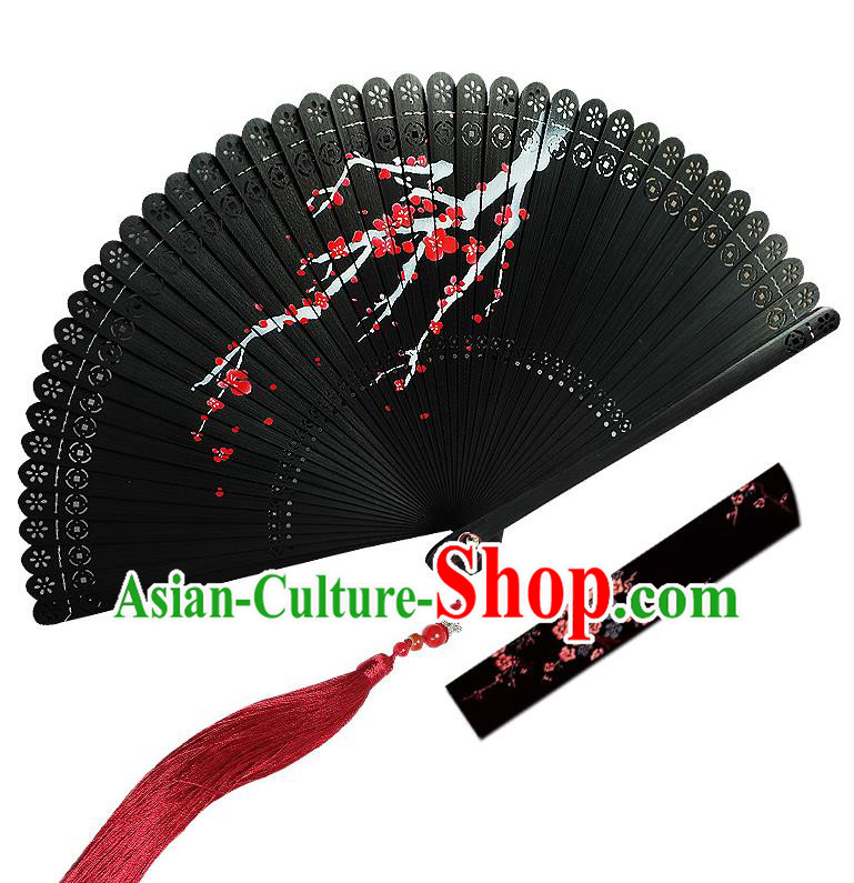 Chinese Traditional Hand Painting Plum Black Folding Fans Wood Accordion Fan