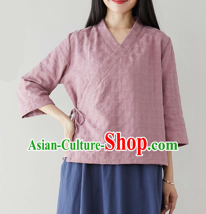 Traditional Chinese Lilac Flax Shirt Li Ziqi Tang Suit Blouse Upper Outer Garment Costume for Women