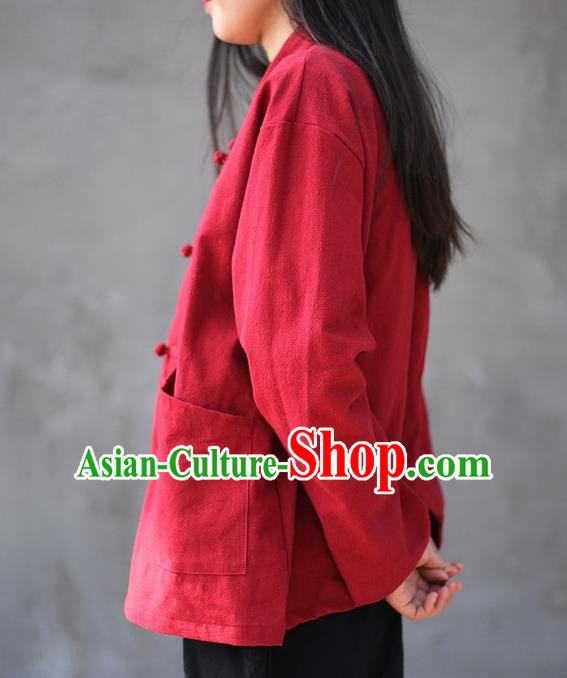 Traditional Chinese Tang Suit Red Flax Jacket Blogger Li Ziqi Shirt Overcoat Costume for Women
