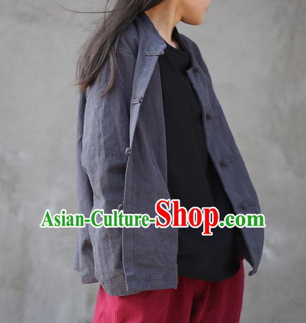 Traditional Chinese Tang Suit Grey Flax Jacket Blogger Li Ziqi Shirt Overcoat Costume for Women