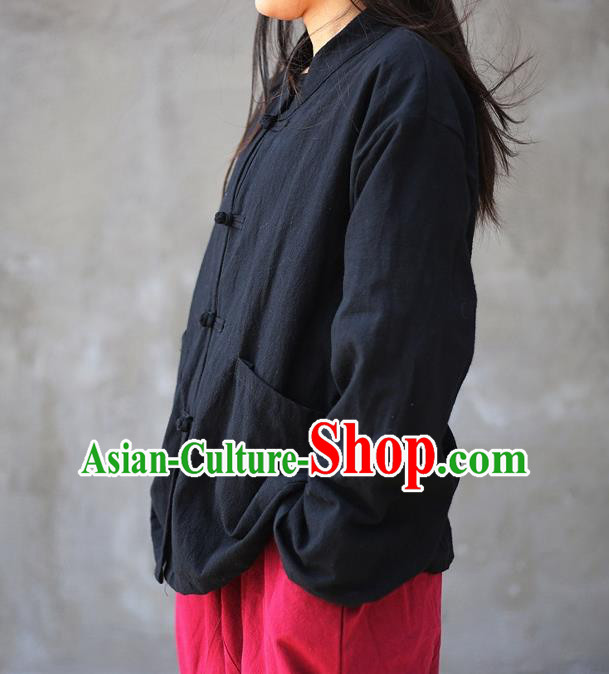 Traditional Chinese Tang Suit Black Flax Jacket Blogger Li Ziqi Shirt Overcoat Costume for Women
