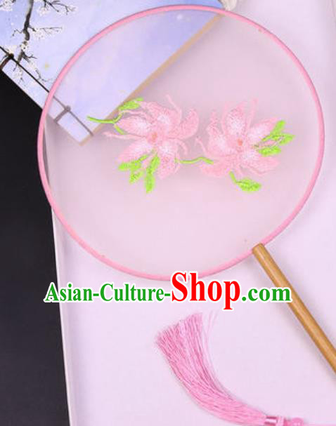 Chinese Traditional Embroidered Peony Pink Palace Fans Handmade Silk Round Fan for Women