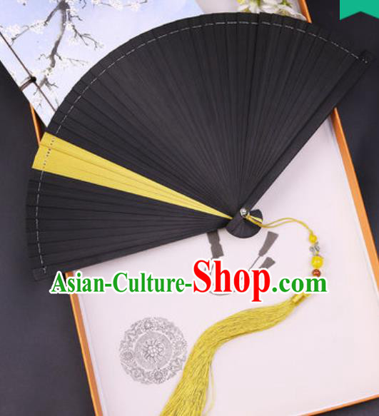 Chinese Traditional Classical Dance Black and Yellow Folding Fans Handmade Bamboo Accordion Fan