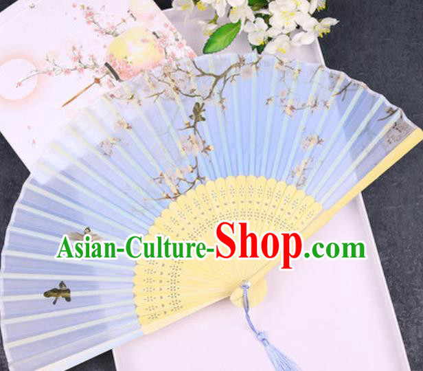 Chinese Traditional Classical Dance Printing Blue Silk Folding Fans Handmade Accordion Bamboo Fan
