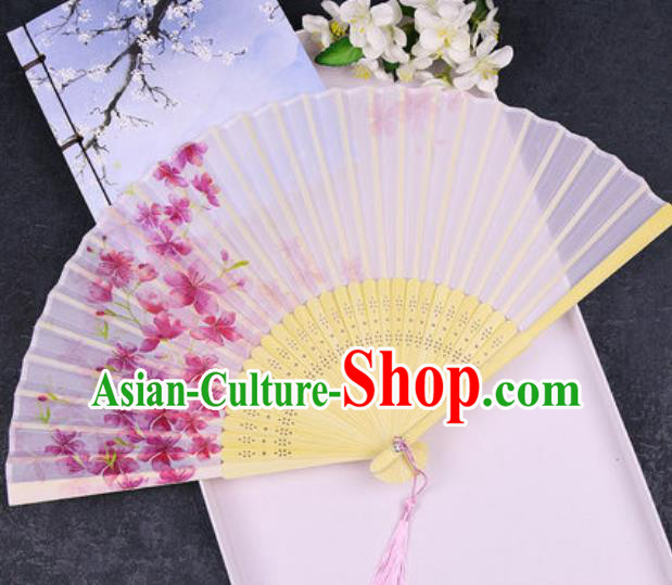 Chinese Traditional Classical Dance Printing Flowers Pink Silk Folding Fans Handmade Accordion Bamboo Fan