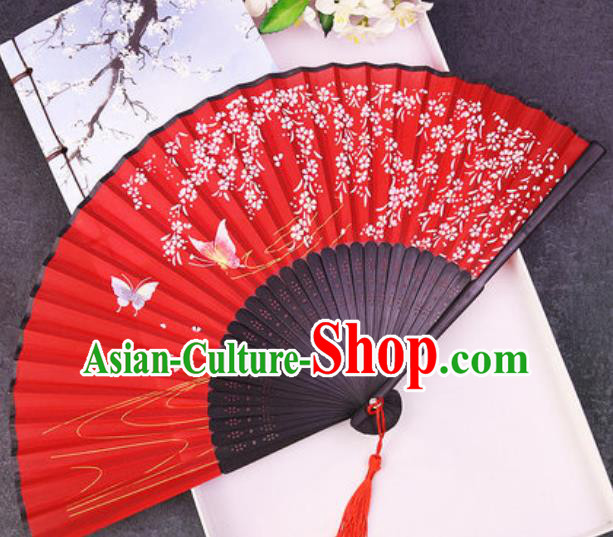 Chinese Traditional Classical Dance Printing Wisteria Butterfly Red Silk Folding Fans Handmade Accordion Bamboo Fan