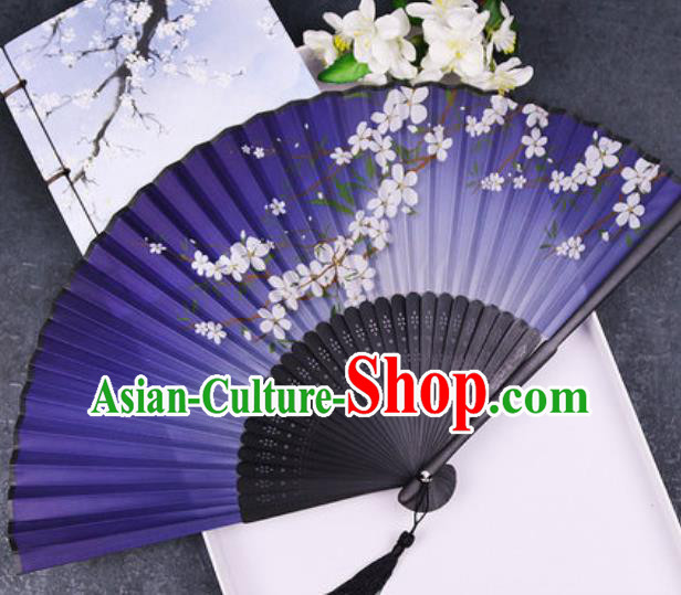 Chinese Traditional Classical Dance Printing Plum Purple Silk Folding Fans Handmade Accordion Bamboo Fan