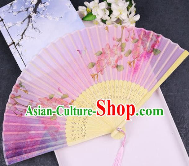 Chinese Traditional Classical Dance Printing Peach Blossom Pink Silk Folding Fans Handmade Accordion Bamboo Fan