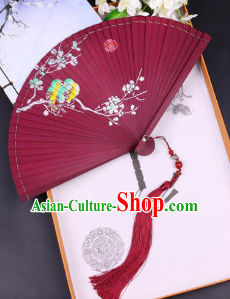Chinese Traditional Painting Plum Bird Red Bamboo Folding Fans Handmade Accordion Classical Dance Fan