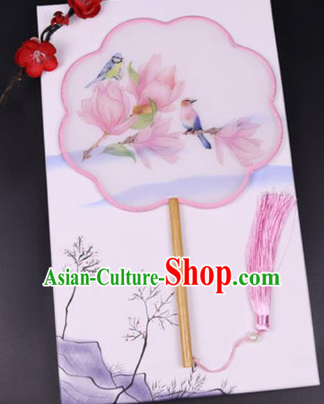 Chinese Traditional Painting Pink Mangnolia Palace Fans Handmade Classical Dance Silk Fan for Women