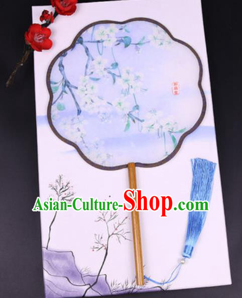 Chinese Traditional Painting Pear Flowers Blue Palace Fans Handmade Classical Dance Silk Fan for Women