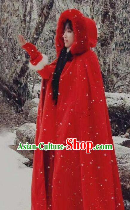 Traditional Chinese Tang Suit Red Cloak Blogger Li Ziqi Winter Overcoat Cape Costume for Women