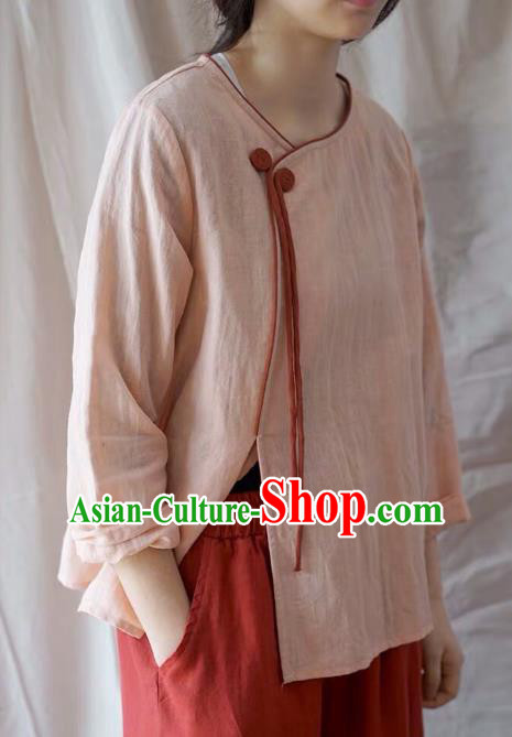 Traditional Chinese Tang Suit Pink Shirt Blogger Li Ziqi Flax Blouse Costume for Women