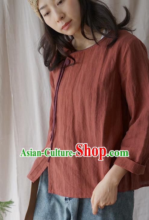 Traditional Chinese Tang Suit Rust Red Shirt Blogger Li Ziqi Flax Blouse Costume for Women