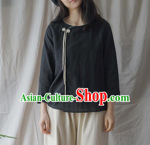Traditional Chinese Tang Suit Black Shirt Blogger Li Ziqi Flax Blouse Costume for Women