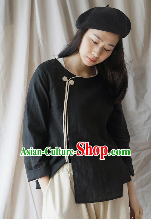 Traditional Chinese Tang Suit Black Shirt Blogger Li Ziqi Flax Blouse Costume for Women