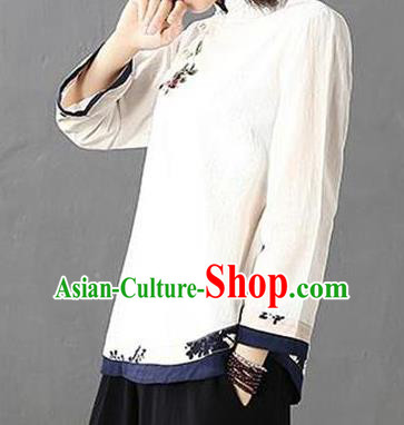 Traditional Chinese Tang Suit White Flax Shirt Blogger Li Ziqi Stand Collar Blouse Costume for Women