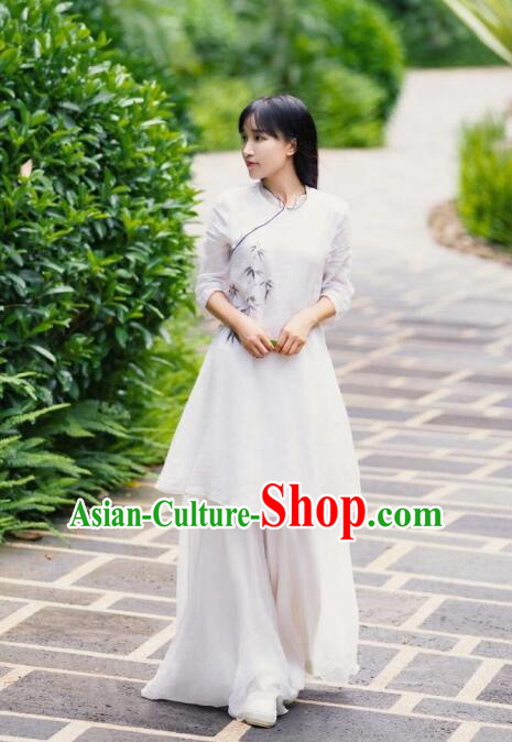 Traditional Chinese Tang Suit White Flax Qipao Dress Blogger Li Ziqi Costume for Women