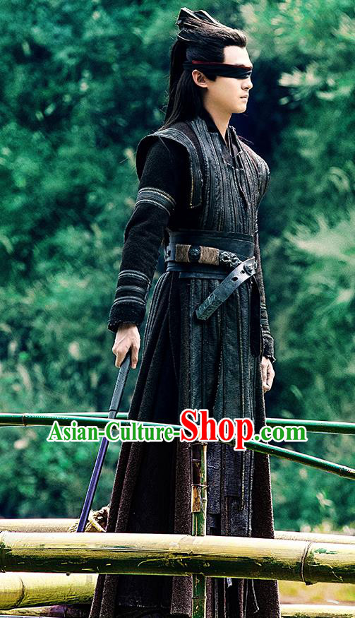 Chinese Drama Joy of Life Ancient Blind Swordsman Qing Yu Nian Wuzhu Replica Costume and Headpiece Complete Set