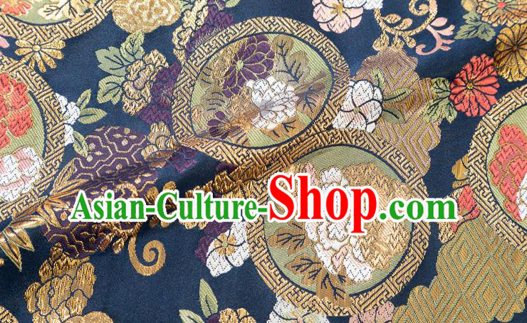 Chinese Classical Chrysanthemum Bamboo Pattern Design Navy Brocade Fabric Asian Traditional Hanfu Satin Material