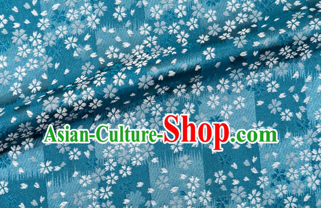Asian Japanese Traditional Sakura Pattern Design Blue Brocade Fabric Kimono Tapestry Satin
