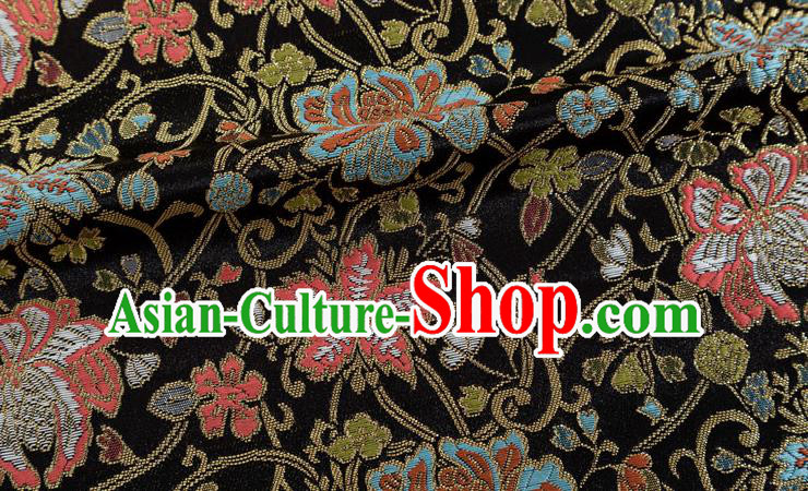 Chinese Classical Twine Lotus Pattern Design Black Brocade Fabric Asian Traditional Hanfu Satin Material