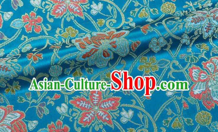 Chinese Classical Twine Lotus Pattern Design Lake Blue Brocade Fabric Asian Traditional Hanfu Satin Material