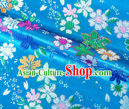 Japanese Traditional Sakura Pattern Design Blue Brocade Fabric Asian Kimono Tapestry Satin