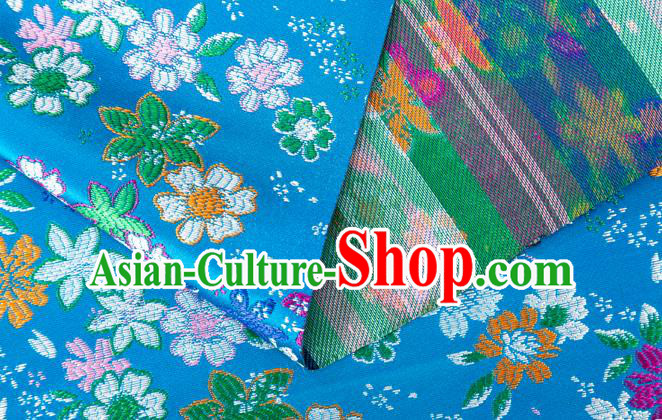 Japanese Traditional Sakura Pattern Design Blue Brocade Fabric Asian Kimono Tapestry Satin