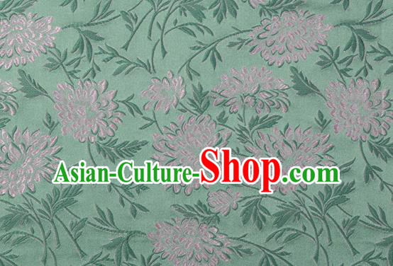 Japanese Traditional Chrysanthemum Pattern Design Green Brocade Fabric Asian Kimono Tapestry Satin