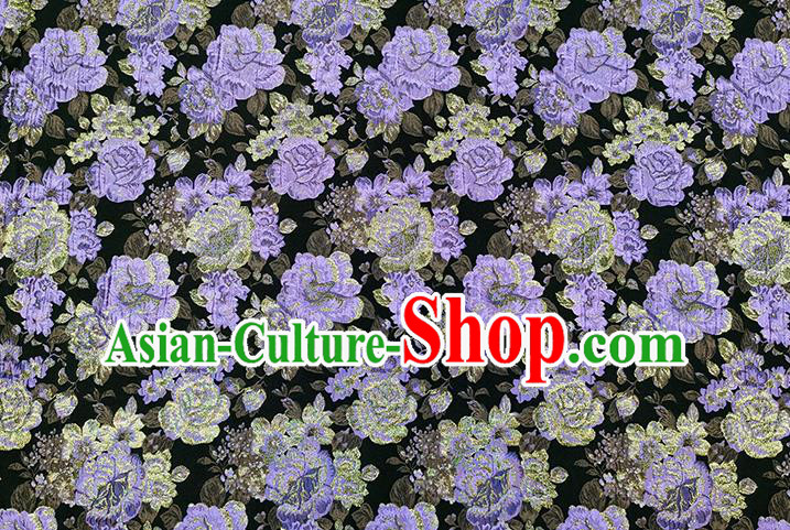 Chinese Classical Purple Roses Pattern Design Green Brocade Fabric Asian Traditional Hanfu Satin Material