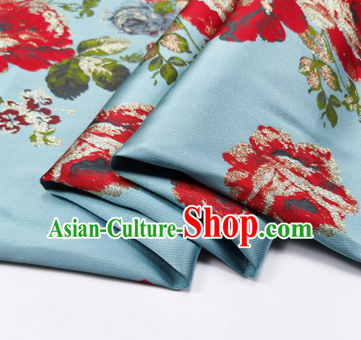 Chinese Classical Roses Pattern Design Blue Brocade Fabric Asian Traditional Hanfu Satin Material