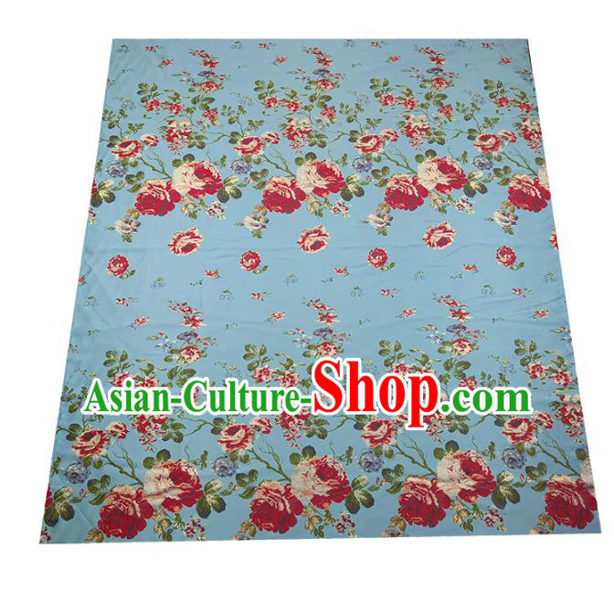 Chinese Classical Roses Pattern Design Blue Brocade Fabric Asian Traditional Hanfu Satin Material