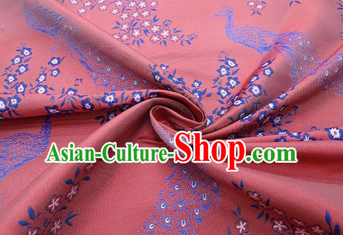 Chinese Classical Peacock Pattern Design Watermelon Red Brocade Fabric Asian Traditional Hanfu Satin Material