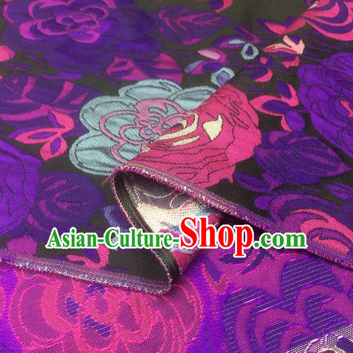 Chinese Classical Hibiscus Pattern Design Black Brocade Fabric Asian Traditional Hanfu Satin Material