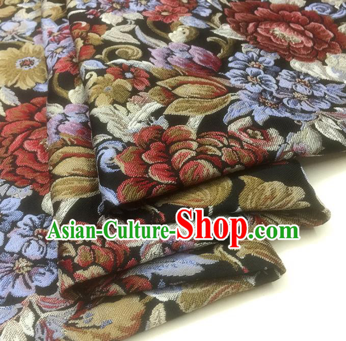 Chinese Classical Peony Flowers Pattern Design Black Brocade Fabric Asian Traditional Hanfu Satin Material